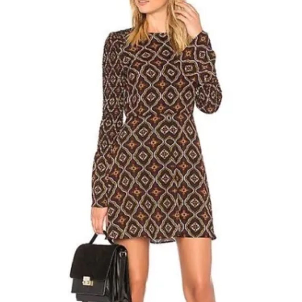 A.L.C Printed Bell Sleeve Silk Plum Smocked Shoulder Mini Dress Sz 0
